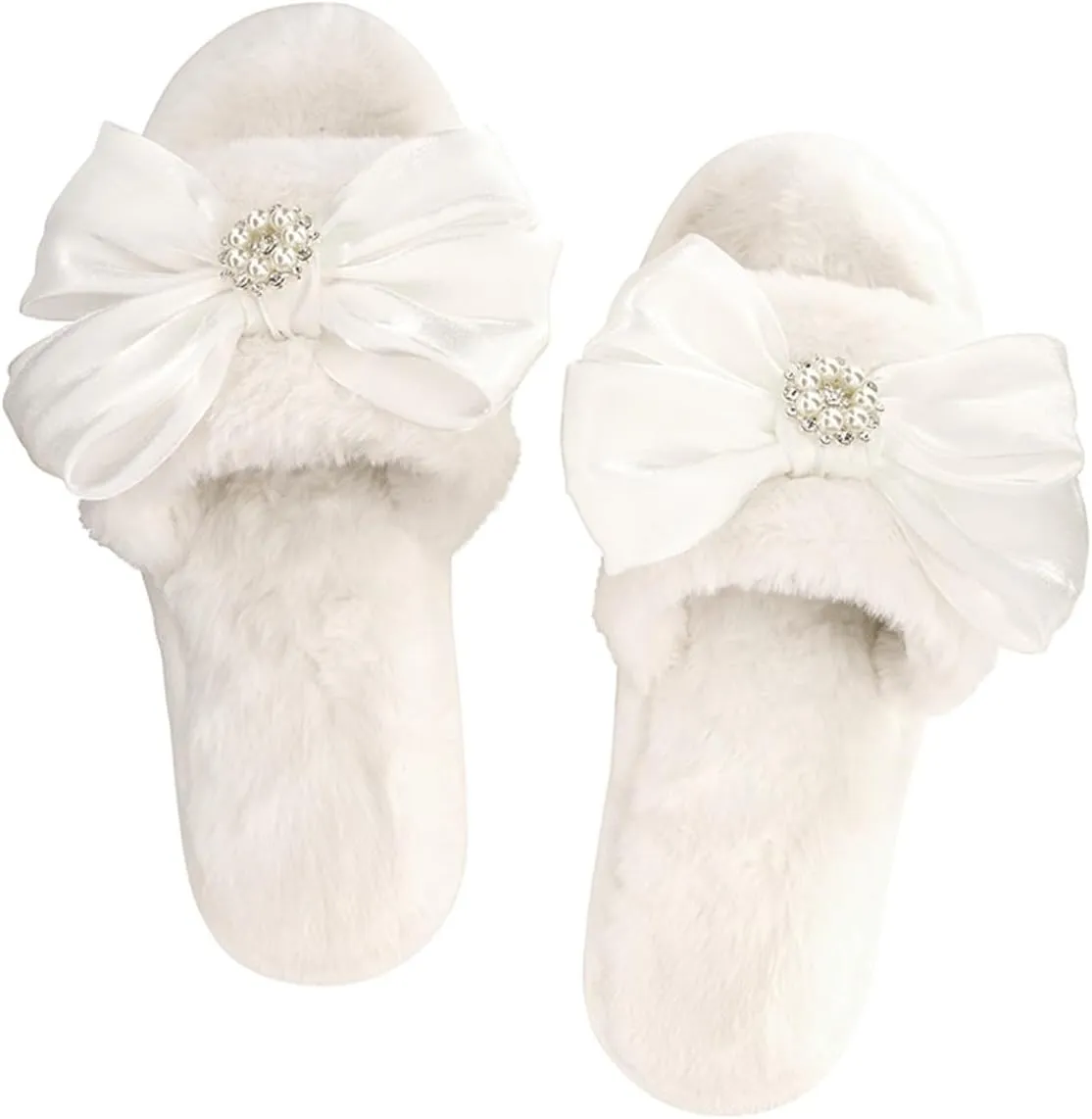 Ultra Soft Plush Luxury Indoor House Slippers Bright White Crystal Bow Large