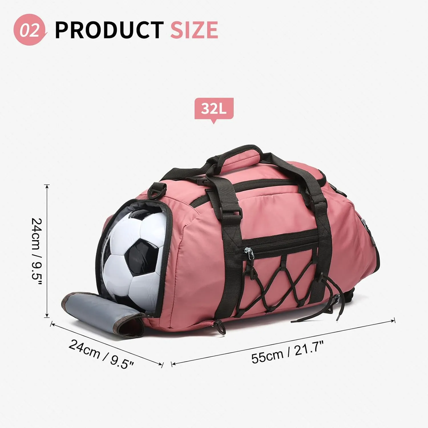 Unisex Travel Duffle Bag for Men Women, Waterproof Gym Bag with Shoe Compartment & Football Compartment, 32L Carry on Bag for Sports & Fitness, Pink