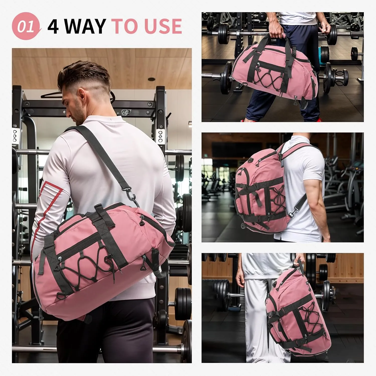 Unisex Travel Duffle Bag for Men Women, Waterproof Gym Bag with Shoe Compartment & Football Compartment, 32L Carry on Bag for Sports & Fitness, Pink