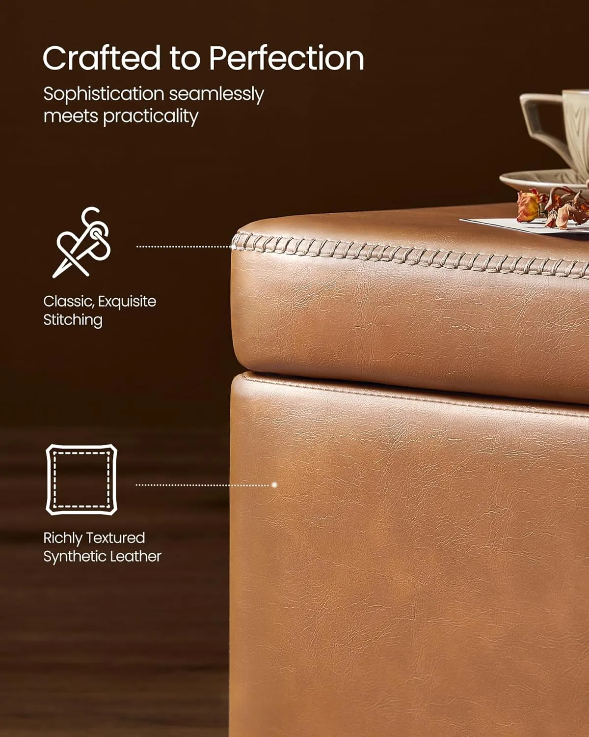 VASAGLE EKHO Collection - Storage Ottoman Bench, Entryway Bedroom Bench, 25 Gallons, Synthetic Leather with Stitching, Mid-Century Modern, Safety Hinges, Loads 660 lb, Caramel Brown ULOM075K01