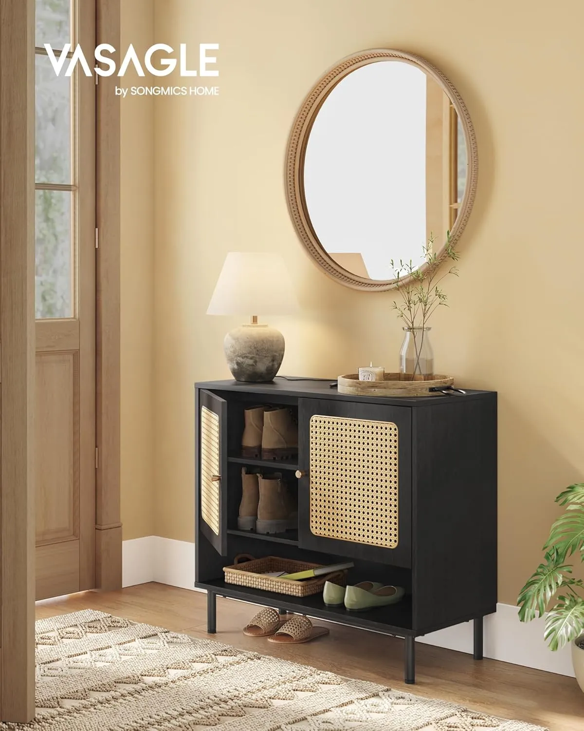 VASAGLE Natural Rattan 3-Tier Shoe Cabinet, 16 Pair Shoe Storage Cabinet, Boho Style Shoe Organizer with Height-Adjustable Shelves and Steel Legs, for Entryway, Closet, Hallway, Ash Black ULBC049B01