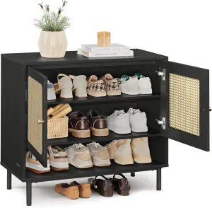 VASAGLE Natural Rattan 3-Tier Shoe Cabinet, 16 Pair Shoe Storage Cabinet, Boho Style Shoe Organizer with Height-Adjustable Shelves and Steel Legs, for Entryway, Closet, Hallway, Ash Black ULBC049B01