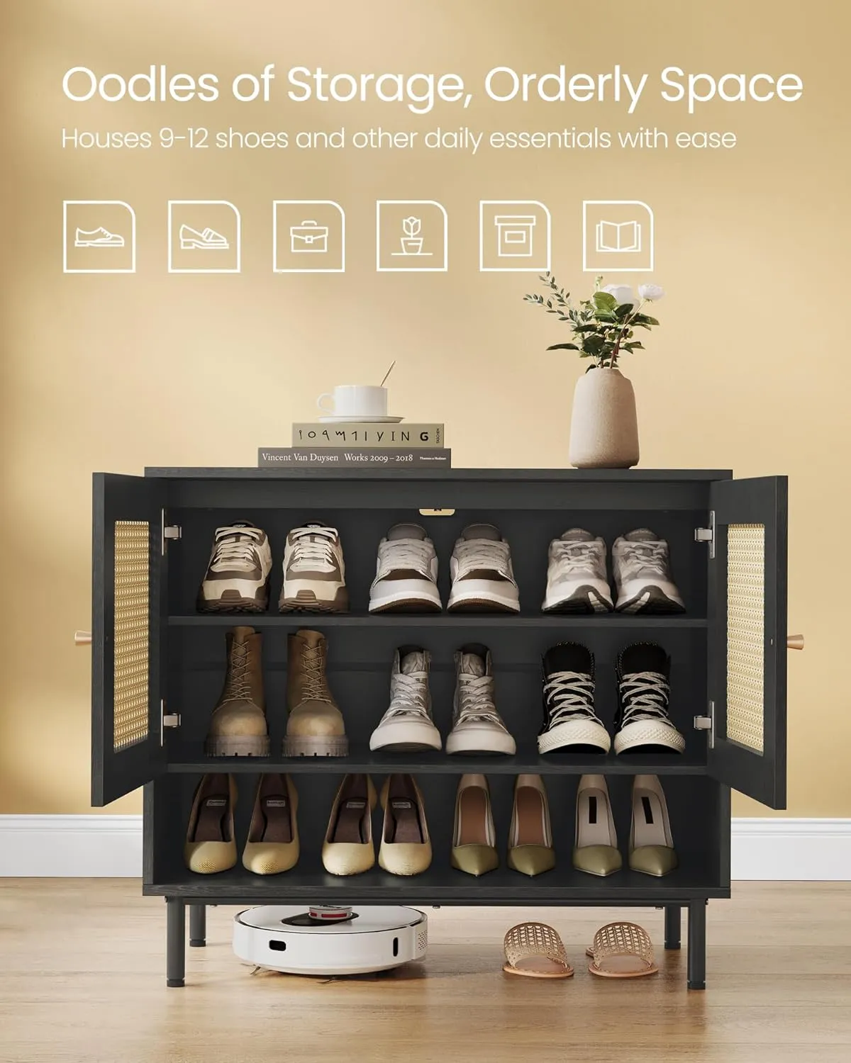 VASAGLE Natural Rattan 3-Tier Shoe Cabinet, 16 Pair Shoe Storage Cabinet, Boho Style Shoe Organizer with Height-Adjustable Shelves and Steel Legs, for Entryway, Closet, Hallway, Ash Black ULBC049B01