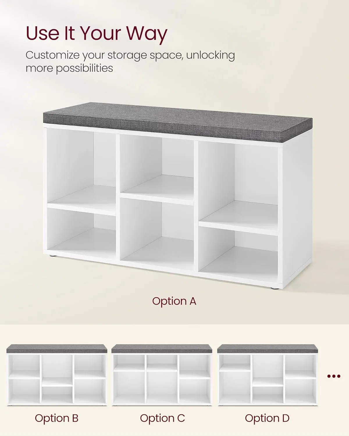 VASAGLE Shoe Bench with Cushion, Shoe Storage Bench with 6 Compartments and 3 Adjustable Shelves, Entryway Bench with Padded Seat, for Bedroom, Closet, Living Room, White ULHS23WT