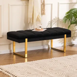 Velvet Ottoman Bedroom Bench, 46.5" Tufted Padded End of Bed Bench with Gold Legs, Upholstered Dining Table Bench Shoe Bench for Living Room Entryway Window (Black, 46" Wide)