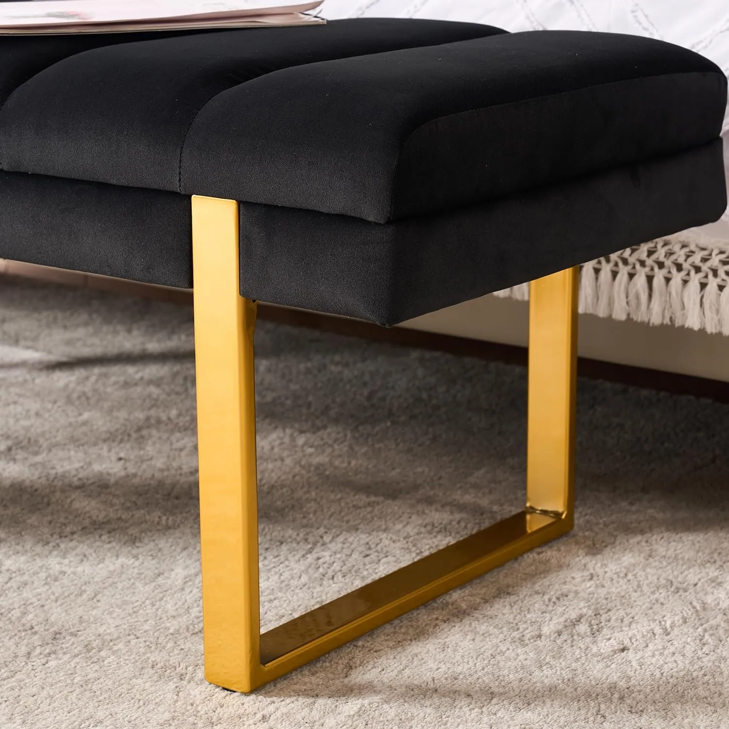 Velvet Ottoman Bedroom Bench, 46.5" Tufted Padded End of Bed Bench with Gold Legs, Upholstered Dining Table Bench Shoe Bench for Living Room Entryway Window (Black, 46" Wide)