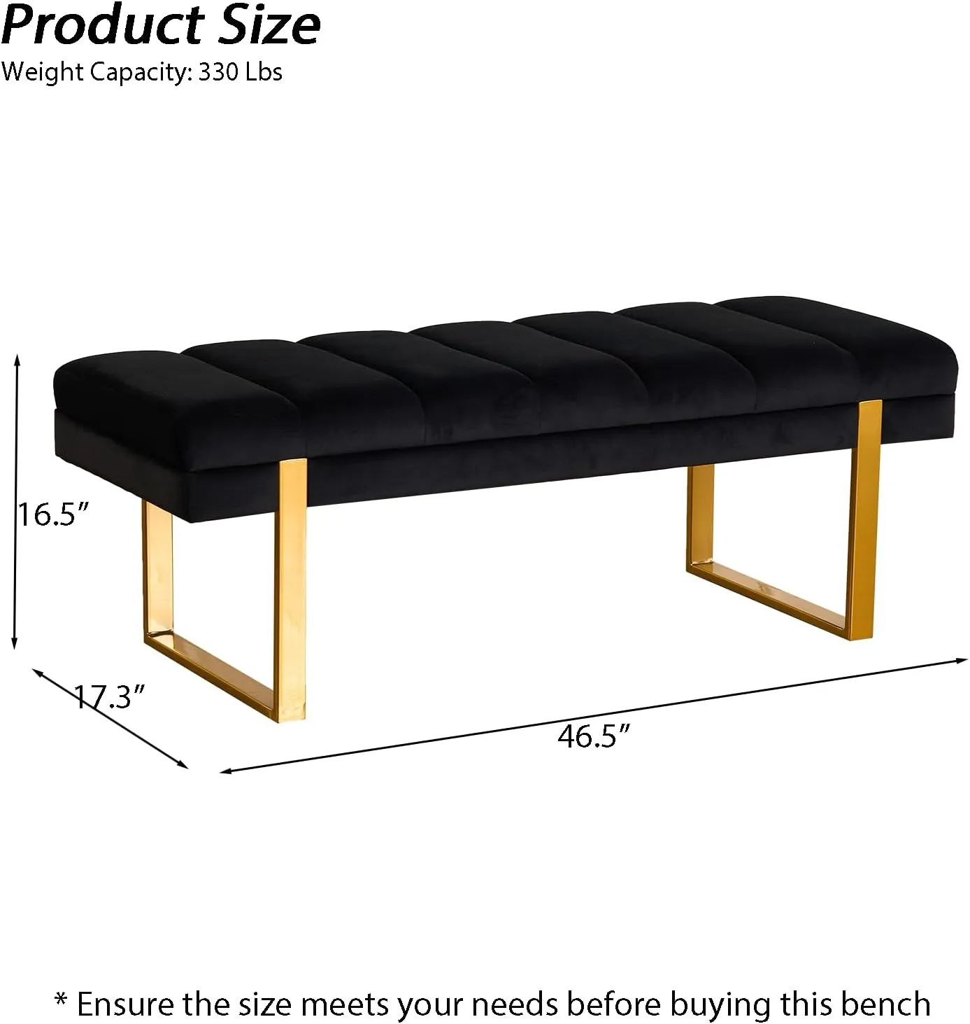 Velvet Ottoman Bedroom Bench, 46.5" Tufted Padded End of Bed Bench with Gold Legs, Upholstered Dining Table Bench Shoe Bench for Living Room Entryway Window (Black, 46" Wide)