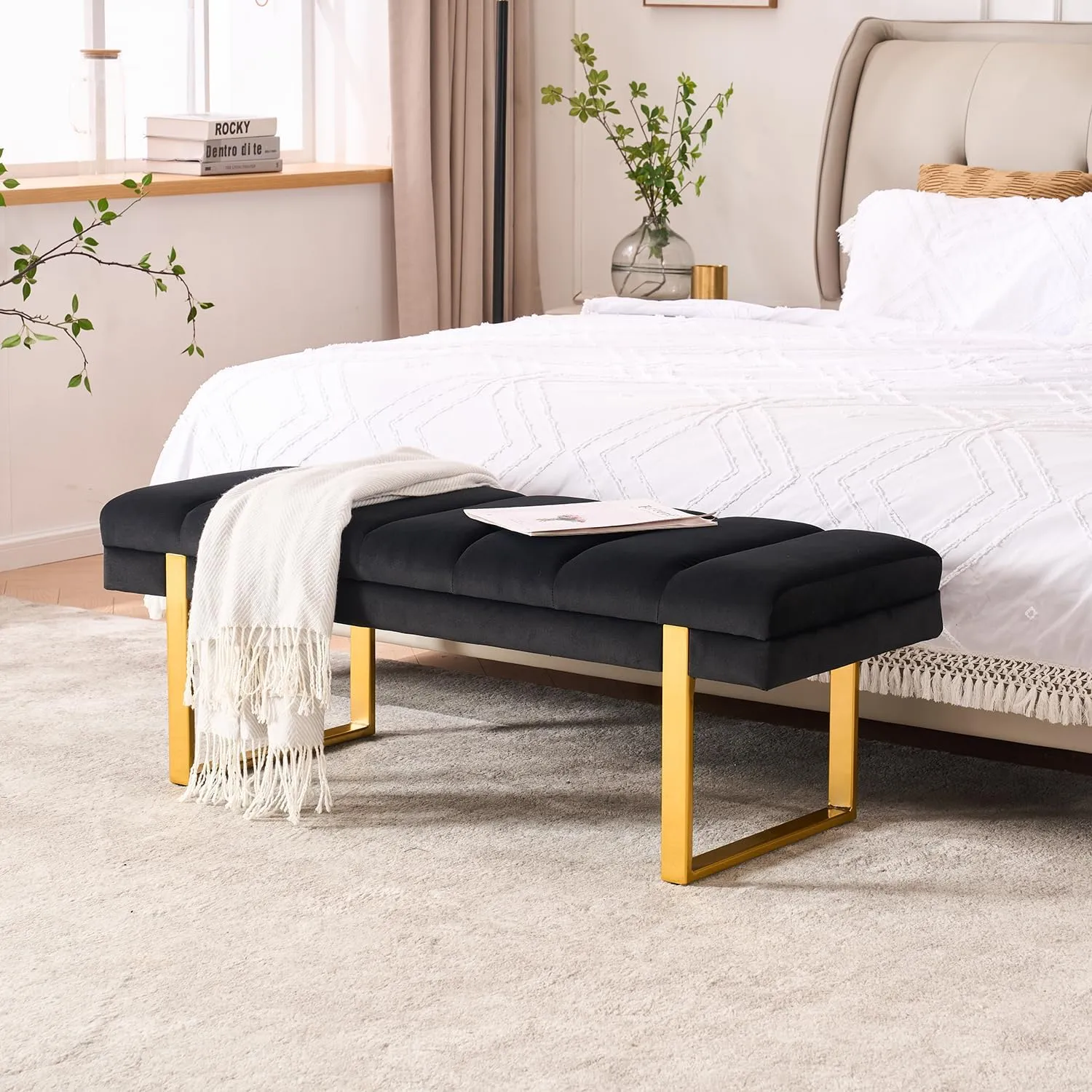 Velvet Ottoman Bedroom Bench, 46.5" Tufted Padded End of Bed Bench with Gold Legs, Upholstered Dining Table Bench Shoe Bench for Living Room Entryway Window (Black, 46" Wide)