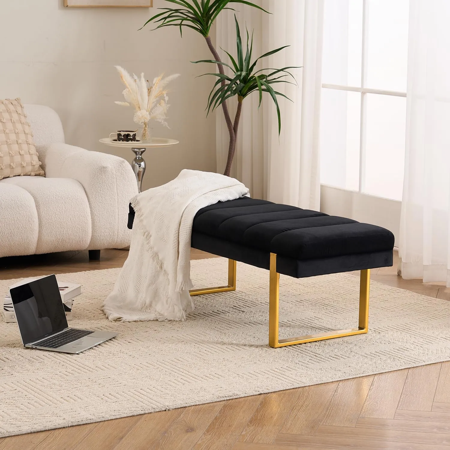 Velvet Ottoman Bedroom Bench, 46.5" Tufted Padded End of Bed Bench with Gold Legs, Upholstered Dining Table Bench Shoe Bench for Living Room Entryway Window (Black, 46" Wide)