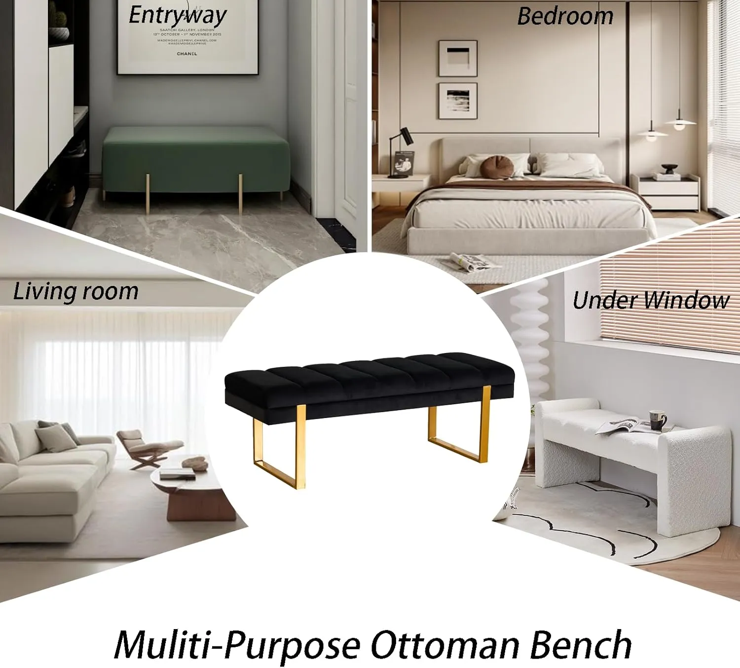 Velvet Ottoman Bedroom Bench, 46.5" Tufted Padded End of Bed Bench with Gold Legs, Upholstered Dining Table Bench Shoe Bench for Living Room Entryway Window (Black, 46" Wide)