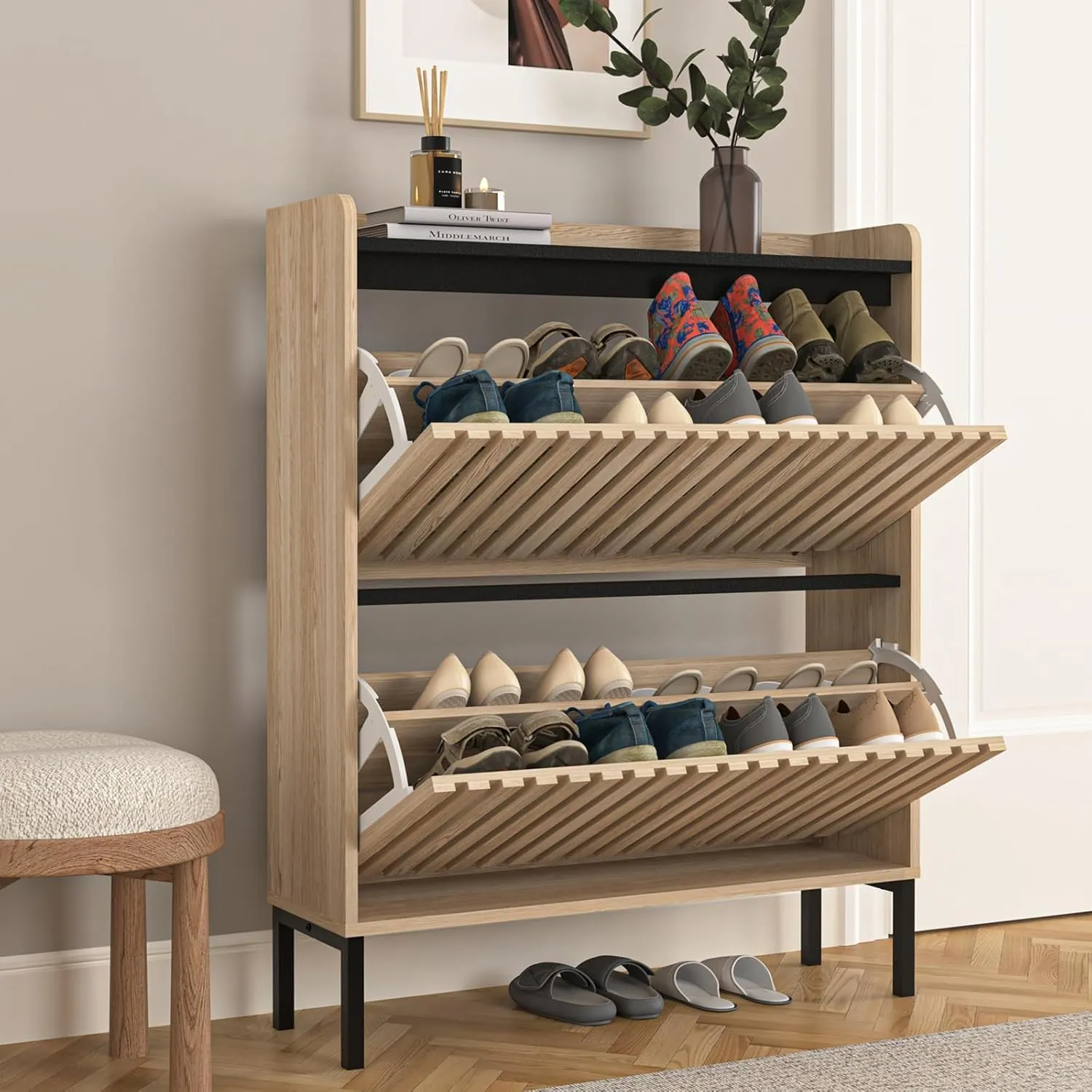 Vibe & Dine 2 Flip Drawer Shoe Cabinet, Narrow Shoe Organizer with Metal Legs, Freestanding Shoe Storage Cabinet for Entryway Slim, Wood Shoe Rack Cabinet for Hallway, Bedroom