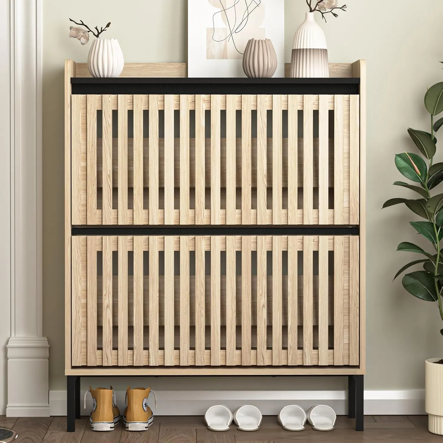 Vibe & Dine 2 Flip Drawer Shoe Cabinet, Narrow Shoe Organizer with Metal Legs, Freestanding Shoe Storage Cabinet for Entryway Slim, Wood Shoe Rack Cabinet for Hallway, Bedroom