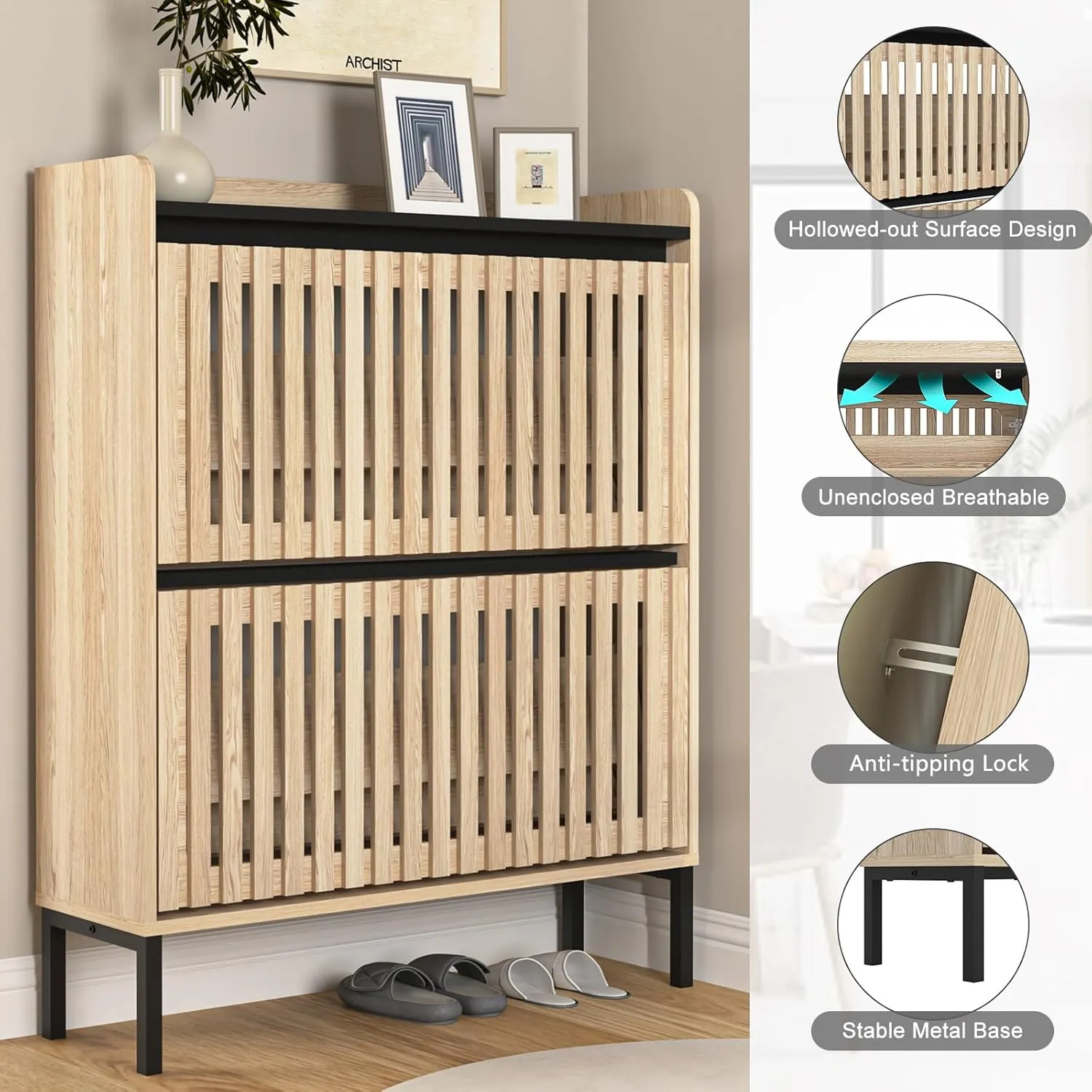 Vibe & Dine 2 Flip Drawer Shoe Cabinet, Narrow Shoe Organizer with Metal Legs, Freestanding Shoe Storage Cabinet for Entryway Slim, Wood Shoe Rack Cabinet for Hallway, Bedroom