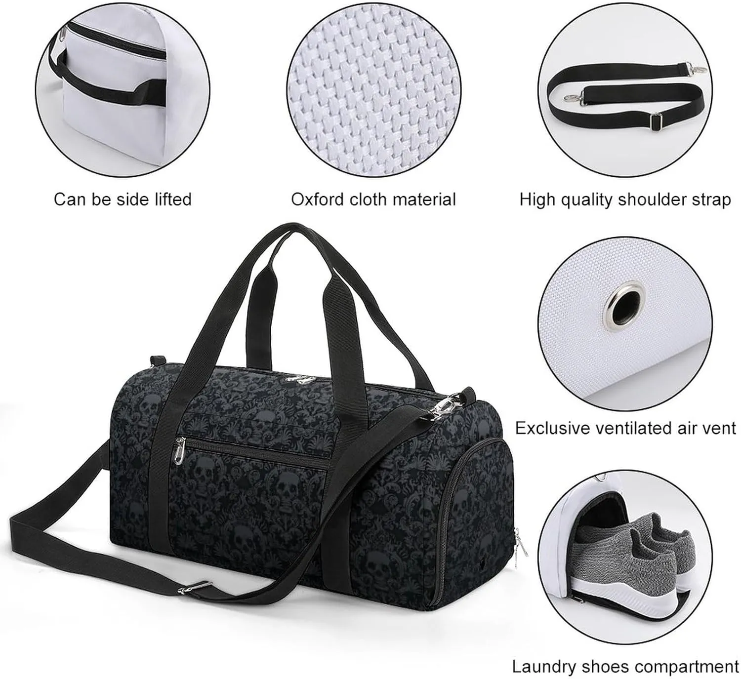 Victorian Gothic Black Skull Sport Gym Duffle Travel Bag with Shoe Compartment,Wet Pocket for Men And Women