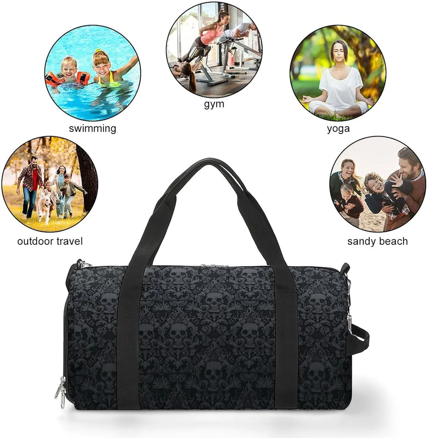 Victorian Gothic Black Skull Sport Gym Duffle Travel Bag with Shoe Compartment,Wet Pocket for Men And Women