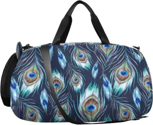 VIGTRO Blue Peacock Feather Kids Overnight Travel Duffel Bag Sport Gym Bag for Boys Girls with Shoe Compartment, Carry On Weekender Luggage Bag for Dance Swim Yoga
