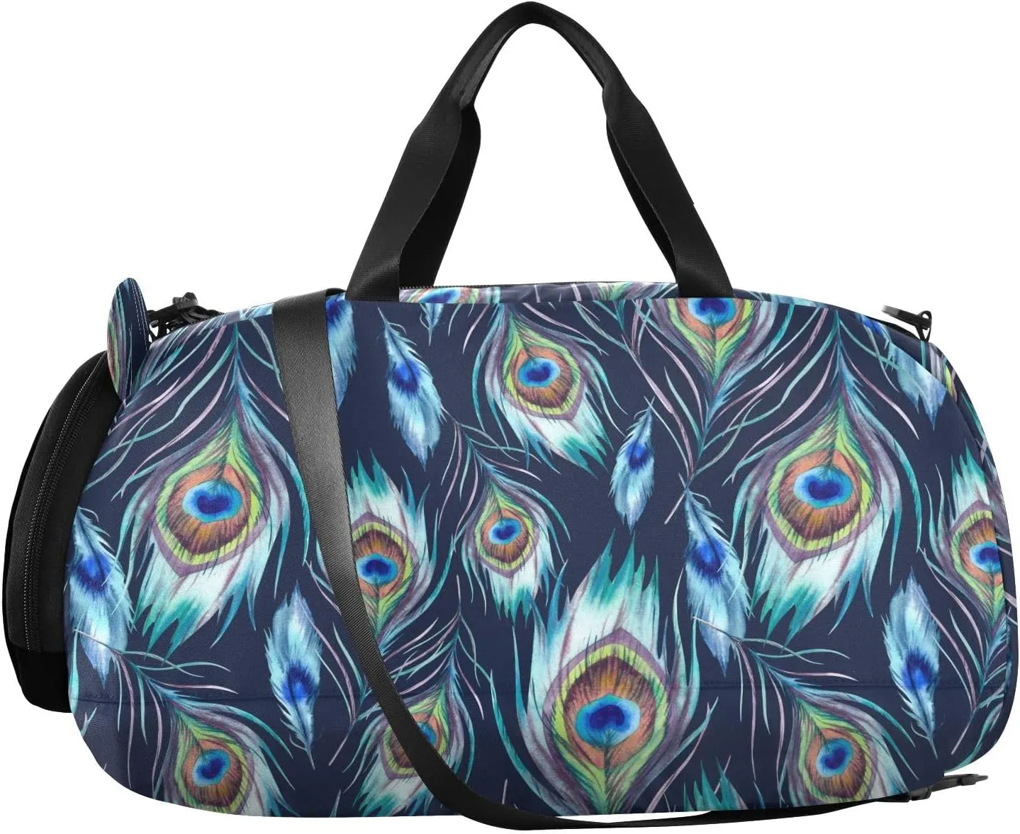 VIGTRO Blue Peacock Feather Kids Overnight Travel Duffel Bag Sport Gym Bag for Boys Girls with Shoe Compartment, Carry On Weekender Luggage Bag for Dance Swim Yoga