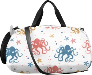 VIGTRO Cartoon Doodle Octopus Pattern Kids Overnight Travel Duffel Bag Sport Gym Bag for Boys Girls with Shoe Compartment, Carry On Weekender Luggage Bag for Dance Swim Yoga