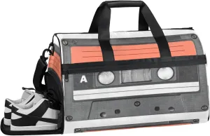 Vintage Classic 43L Gym Duffle Bag for men with Shoe Compartment, Cassette Design Overnight Weekender Bag for Women with Shoulder Strap, Ideal for Travel, Gym, Sports