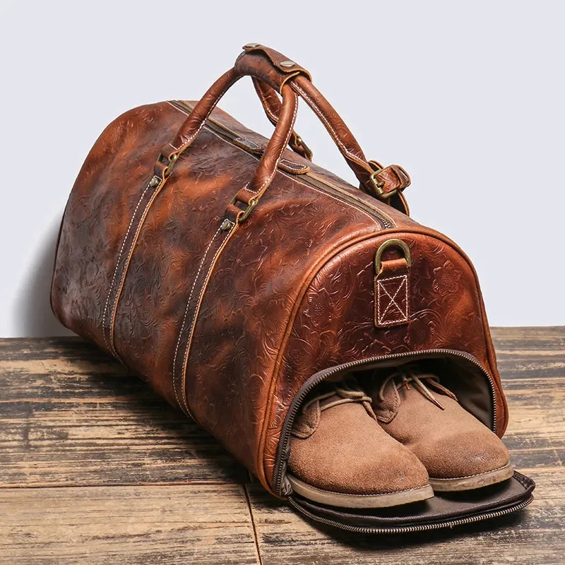 Vintage Embossed Leather Travel Duffle Bag