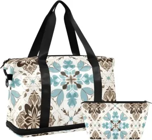 Vintage Floral Ceramic Print Gym Bag for Women Sport Travel Duffel Bag Shoulder Weekender Overnight Bags with Wet Pocket & Shoe Compartment