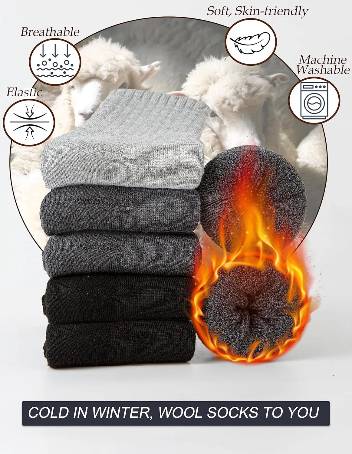 VoJoPi Mens Wool Socks Thermal and Warm Hiking Boot Socks Winter Cozy Cushion Work for Cold Weather 5 Pairs
