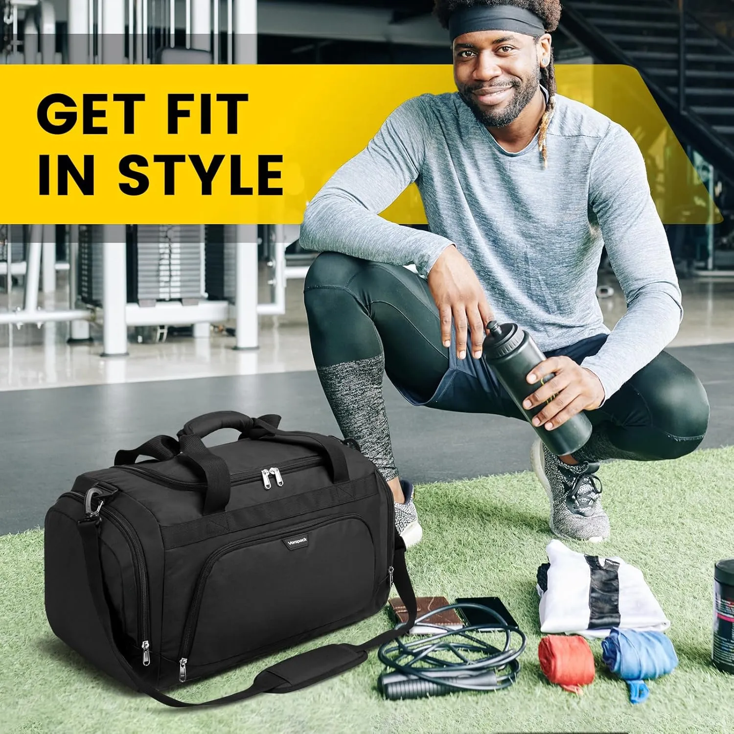 Vorspack Small Gym Bag - 40L Duffle Bag for Men Women Lightweight Duffel Bag with Shoe Compartment Wet Pocket Travel Bag Sports Bag for Sports Gym Travel - Black