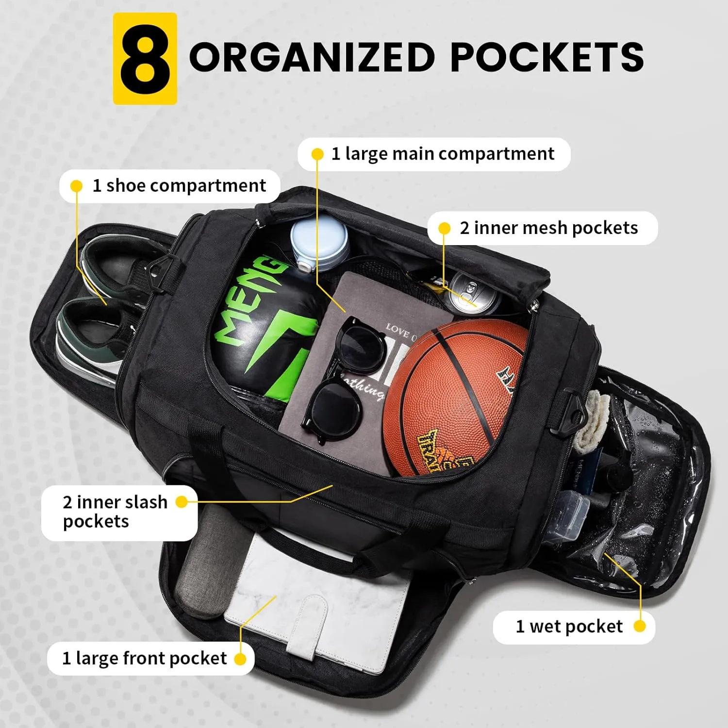 Vorspack Small Gym Bag - 40L Duffle Bag for Men Women Lightweight Duffel Bag with Shoe Compartment Wet Pocket Travel Bag Sports Bag for Sports Gym Travel - Black
