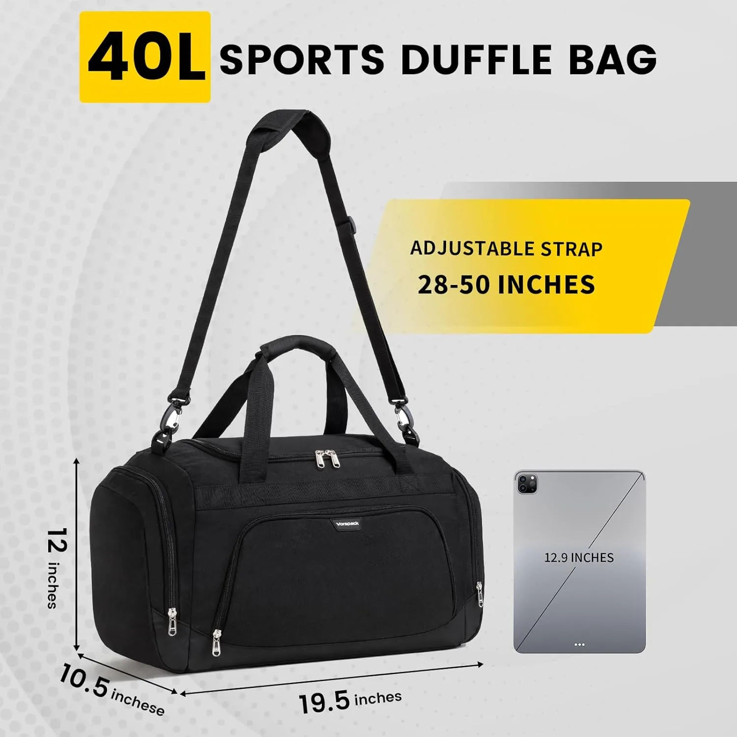 Vorspack Small Gym Bag - 40L Duffle Bag for Men Women Lightweight Duffel Bag with Shoe Compartment Wet Pocket Travel Bag Sports Bag for Sports Gym Travel - Black