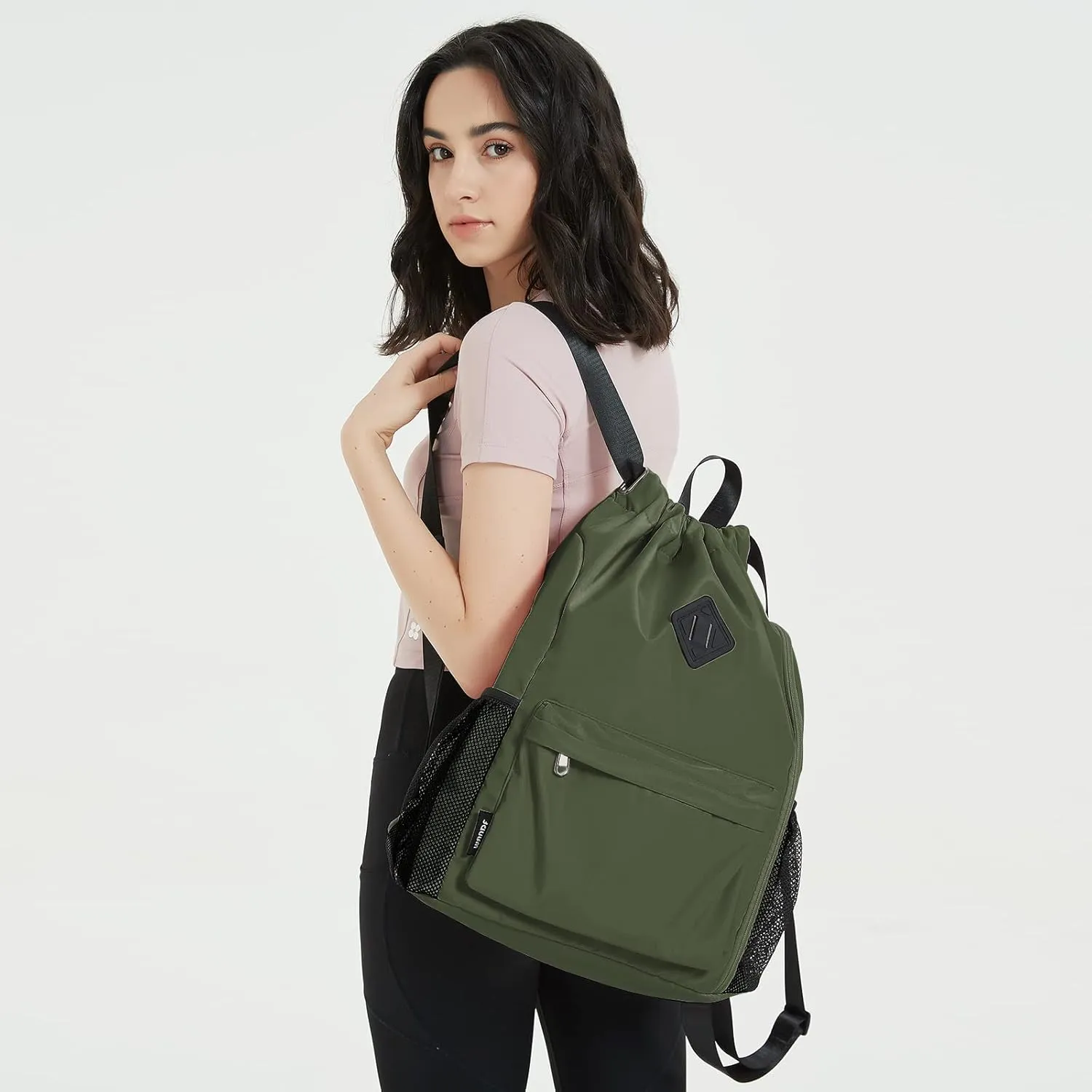 WANDF Drawstring Backpack Sports Gym Bag with Shoes Compartment, Water-Resistant String Backpack Cinch for Women Men (Large,Dark green)
