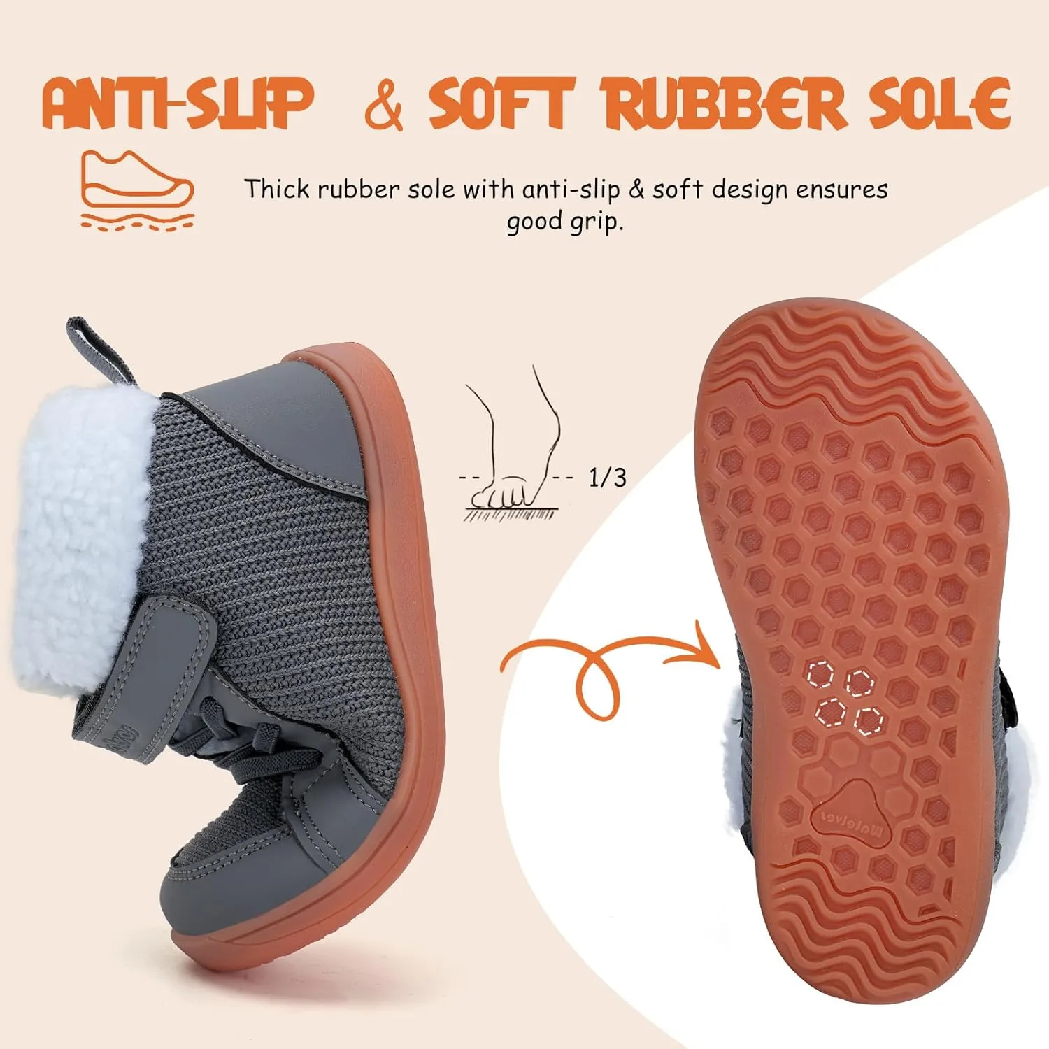 WateLves Toddler Little Kids Wide Barefoot Shoes Boys Girls Winter High Top Minimalist Sneakers Faux Fur Ankle Boots Warm Walking Shoes for Indoor Outdoor | Naturally Splay | Flexible Fit