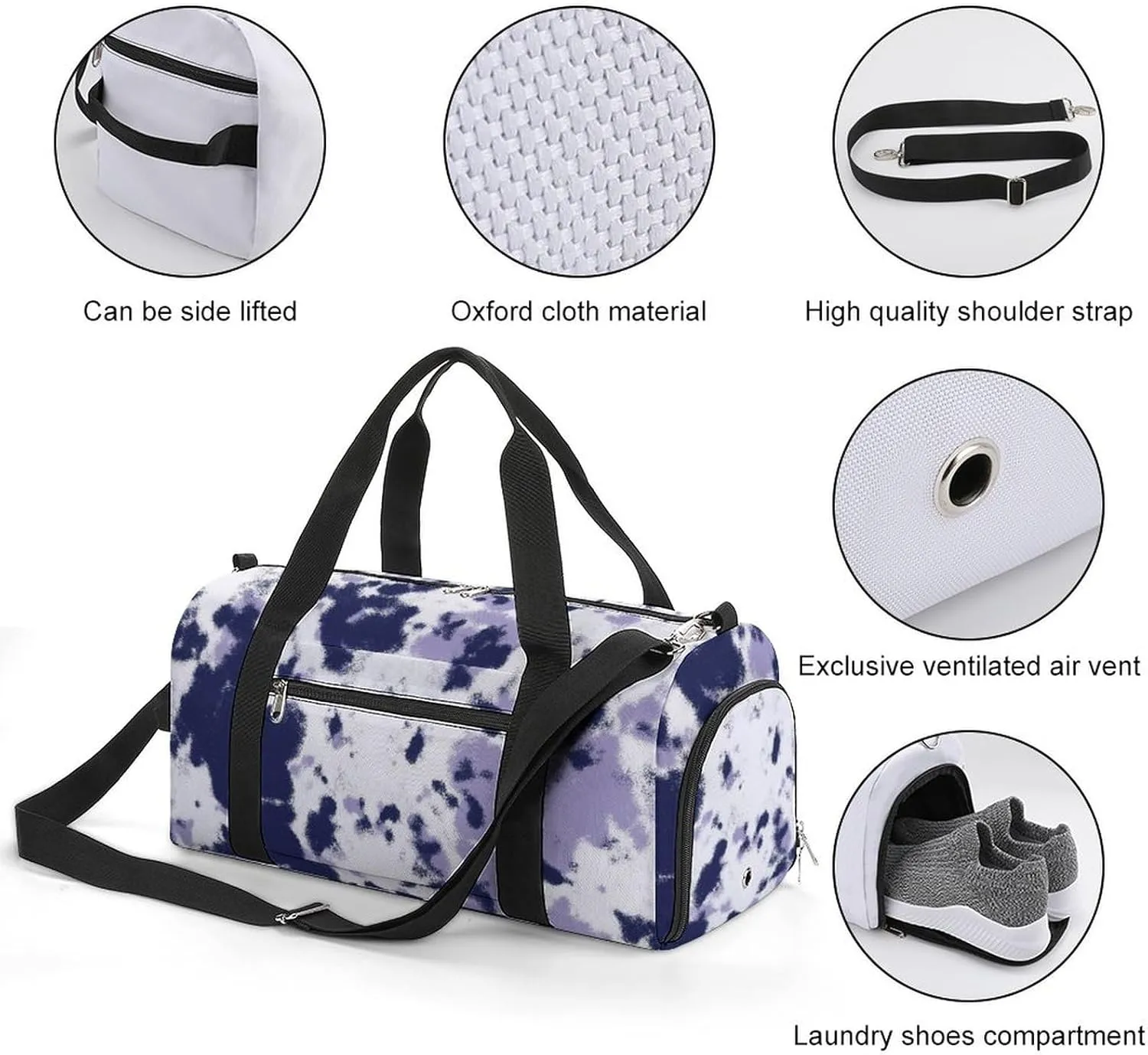 Watercolor Indigo Blue Tie Dye Fitness Large Gym Bag for Unisex with Shoe Compartment & Wet Pocket