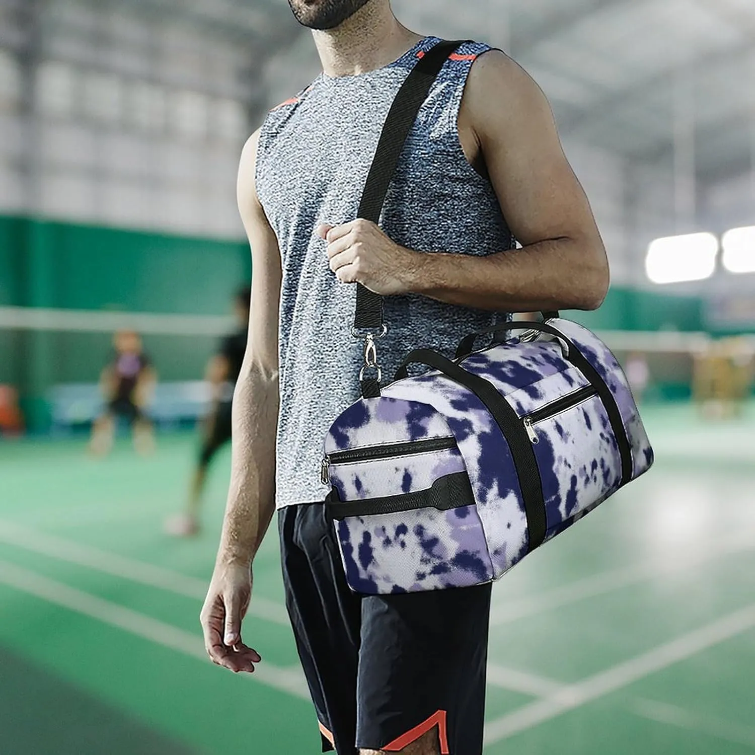Watercolor Indigo Blue Tie Dye Fitness Large Gym Bag for Unisex with Shoe Compartment & Wet Pocket