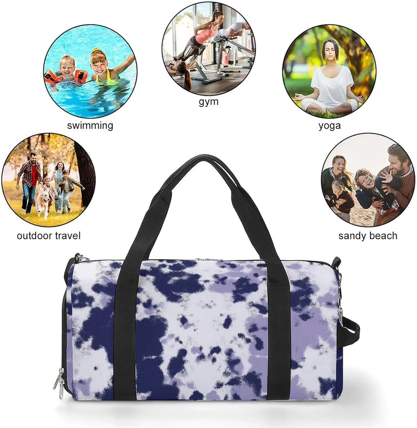 Watercolor Indigo Blue Tie Dye Fitness Large Gym Bag for Unisex with Shoe Compartment & Wet Pocket