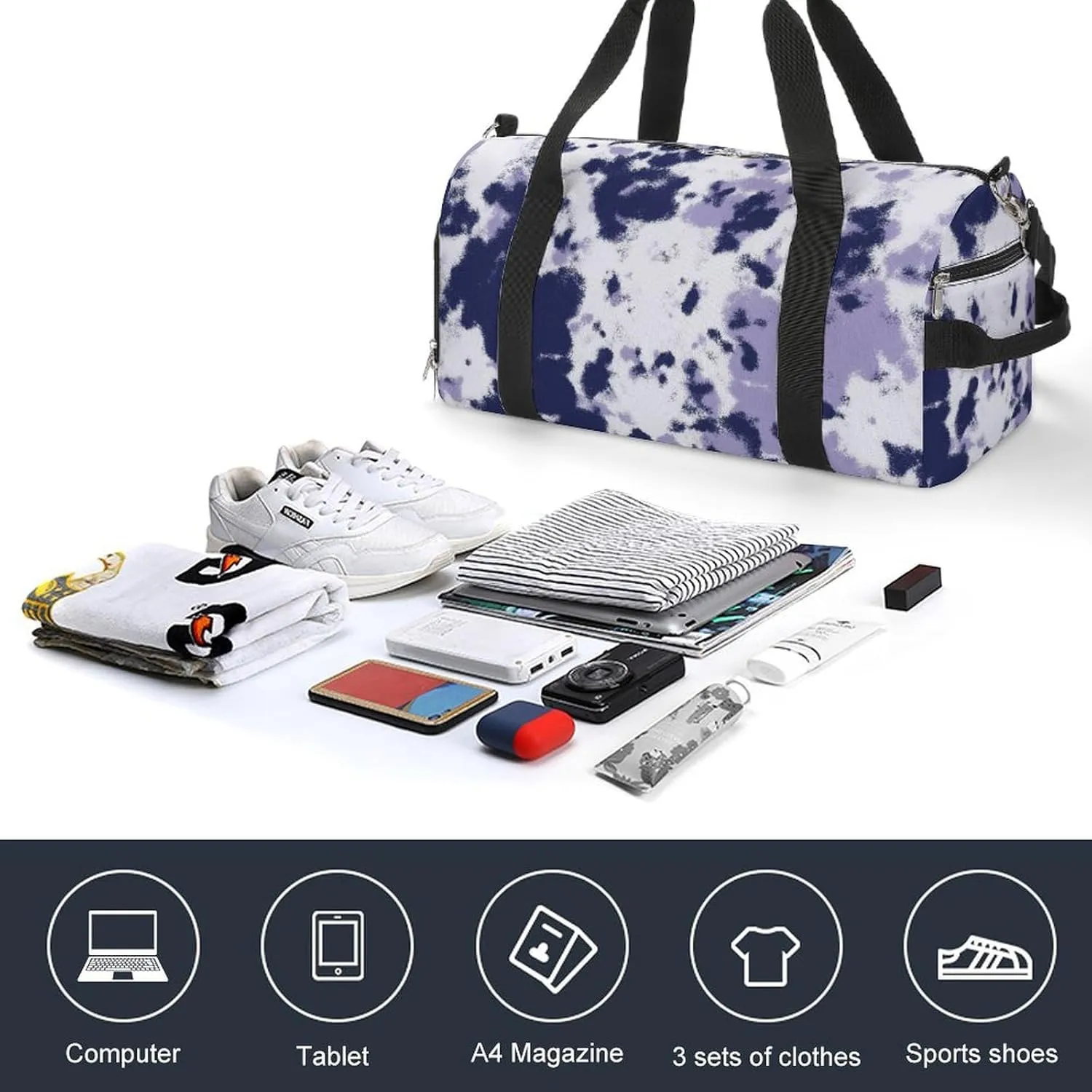 Watercolor Indigo Blue Tie Dye Fitness Large Gym Bag for Unisex with Shoe Compartment & Wet Pocket