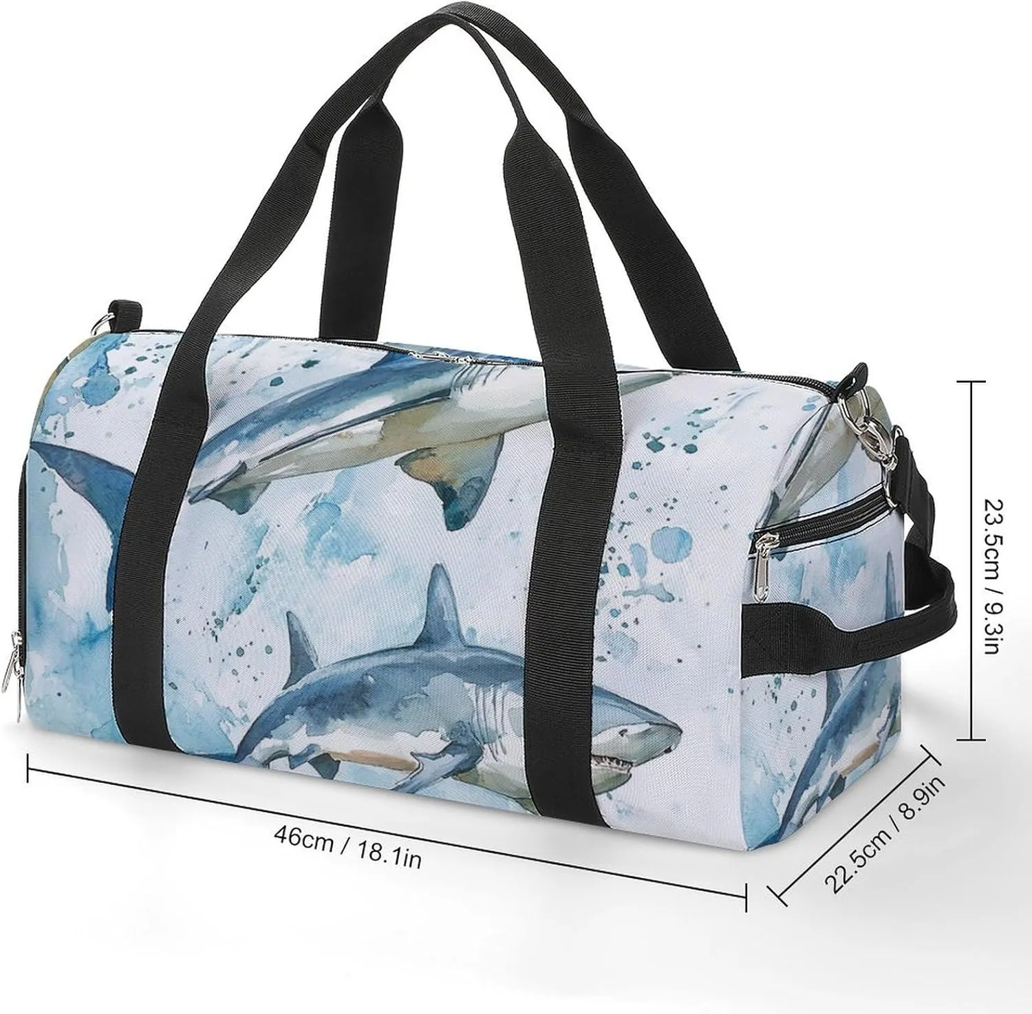 Watercolor with Sharks Fitness Large Gym Bag for Unisex with Shoe Compartment & Wet Pocket