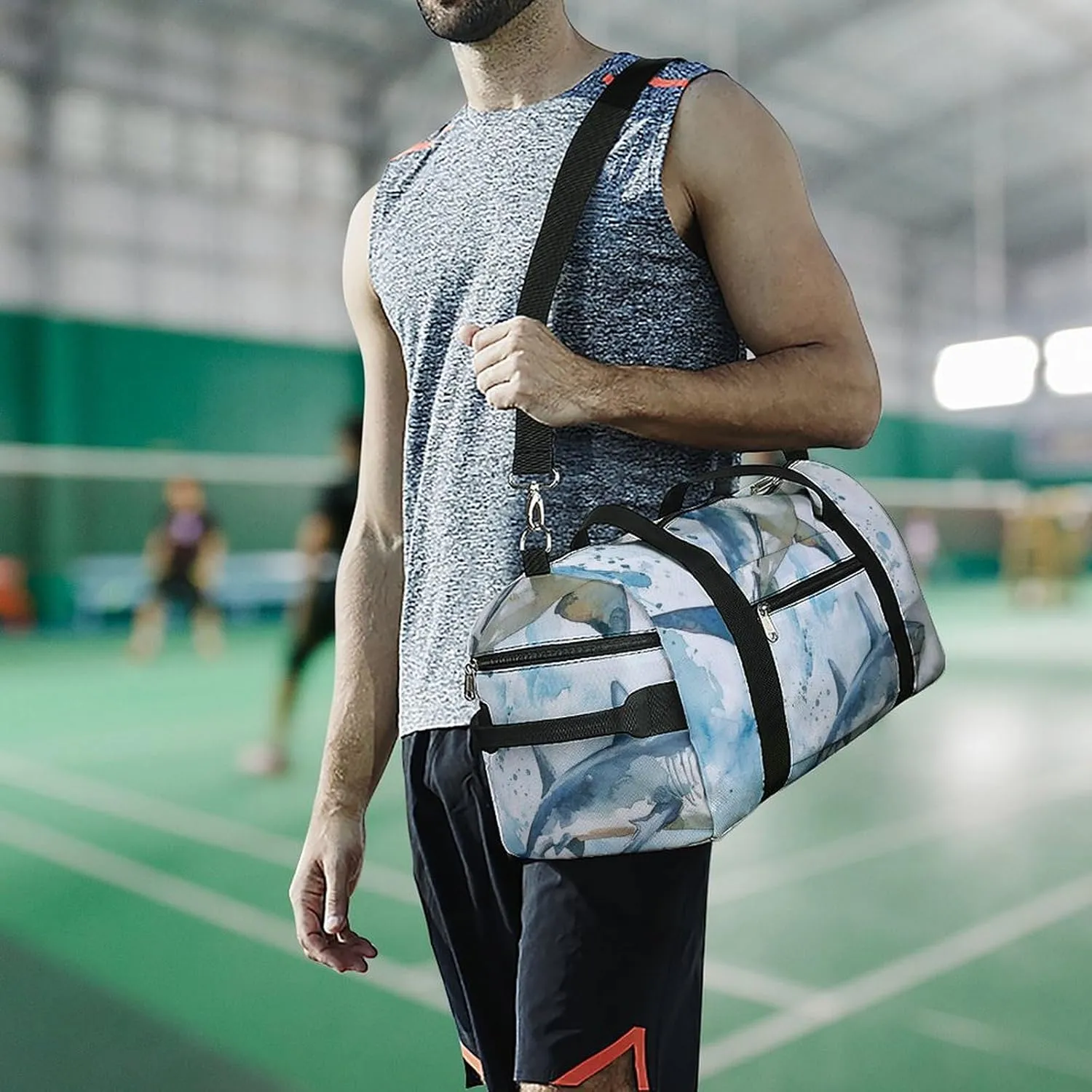 Watercolor with Sharks Fitness Large Gym Bag for Unisex with Shoe Compartment & Wet Pocket