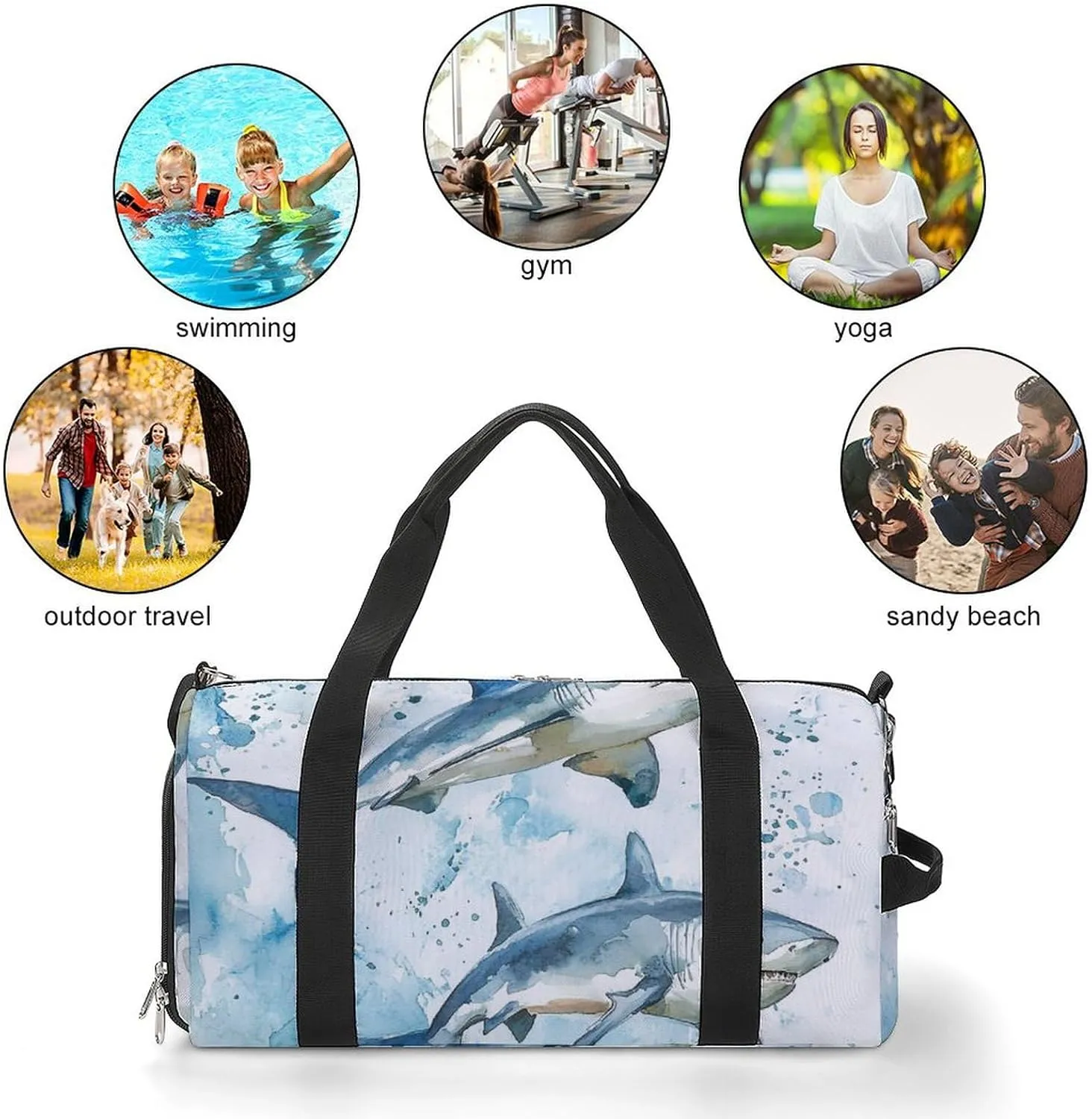 Watercolor with Sharks Fitness Large Gym Bag for Unisex with Shoe Compartment & Wet Pocket