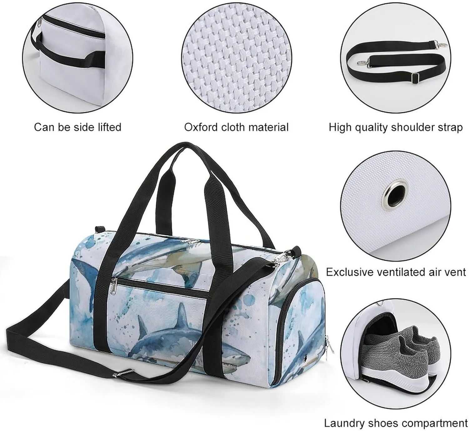 Watercolor with Sharks Fitness Large Gym Bag for Unisex with Shoe Compartment & Wet Pocket