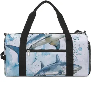 Watercolor with Sharks Fitness Large Gym Bag for Unisex with Shoe Compartment & Wet Pocket