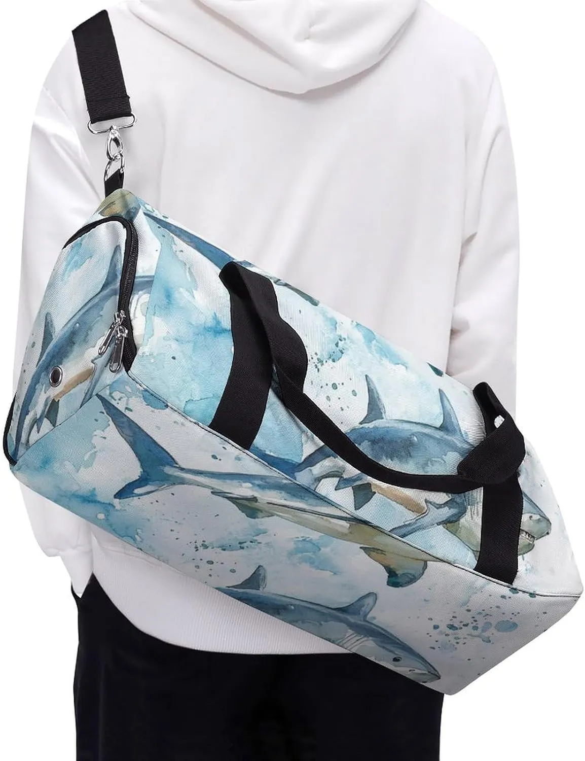 Watercolor with Sharks Fitness Large Gym Bag for Unisex with Shoe Compartment & Wet Pocket