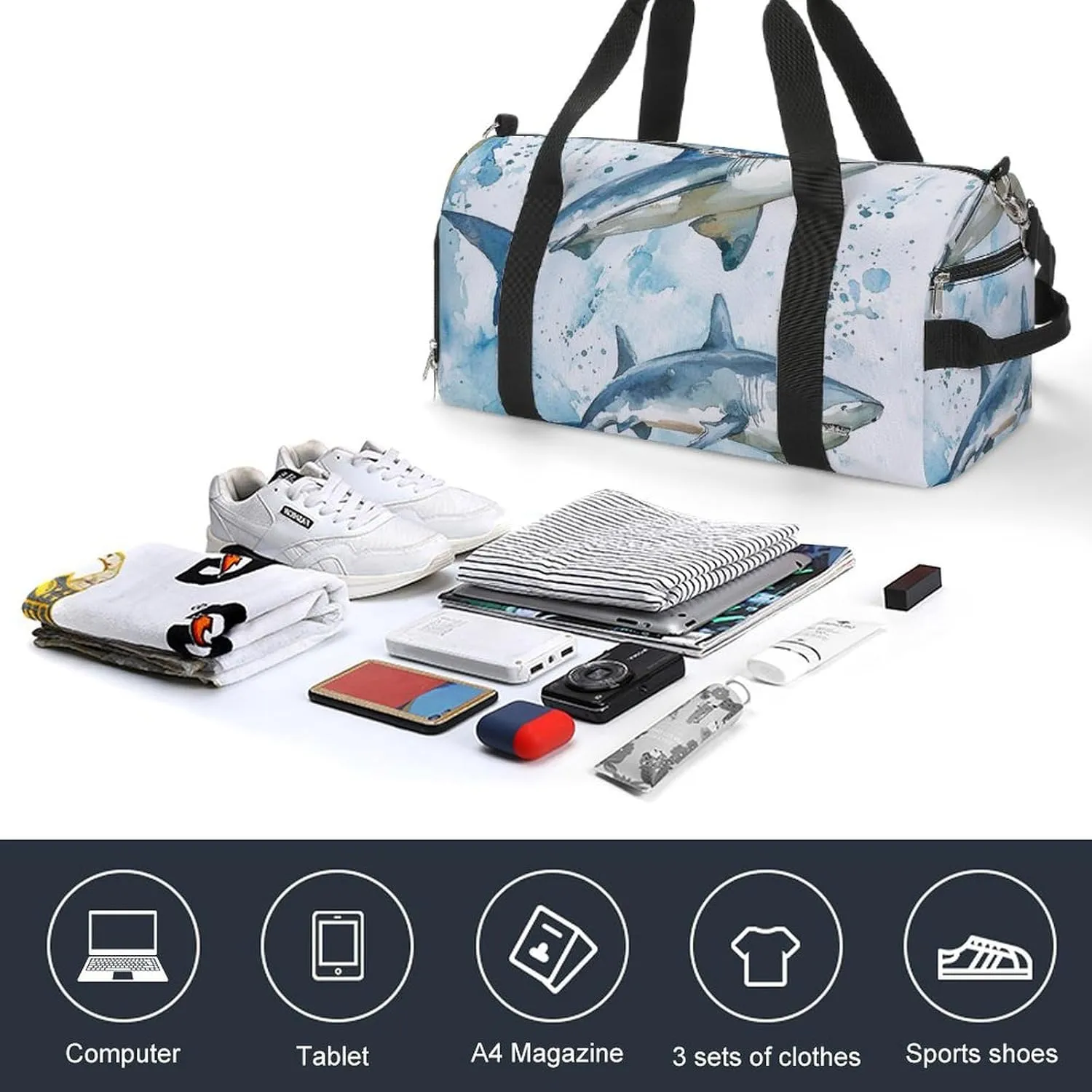 Watercolor with Sharks Fitness Large Gym Bag for Unisex with Shoe Compartment & Wet Pocket
