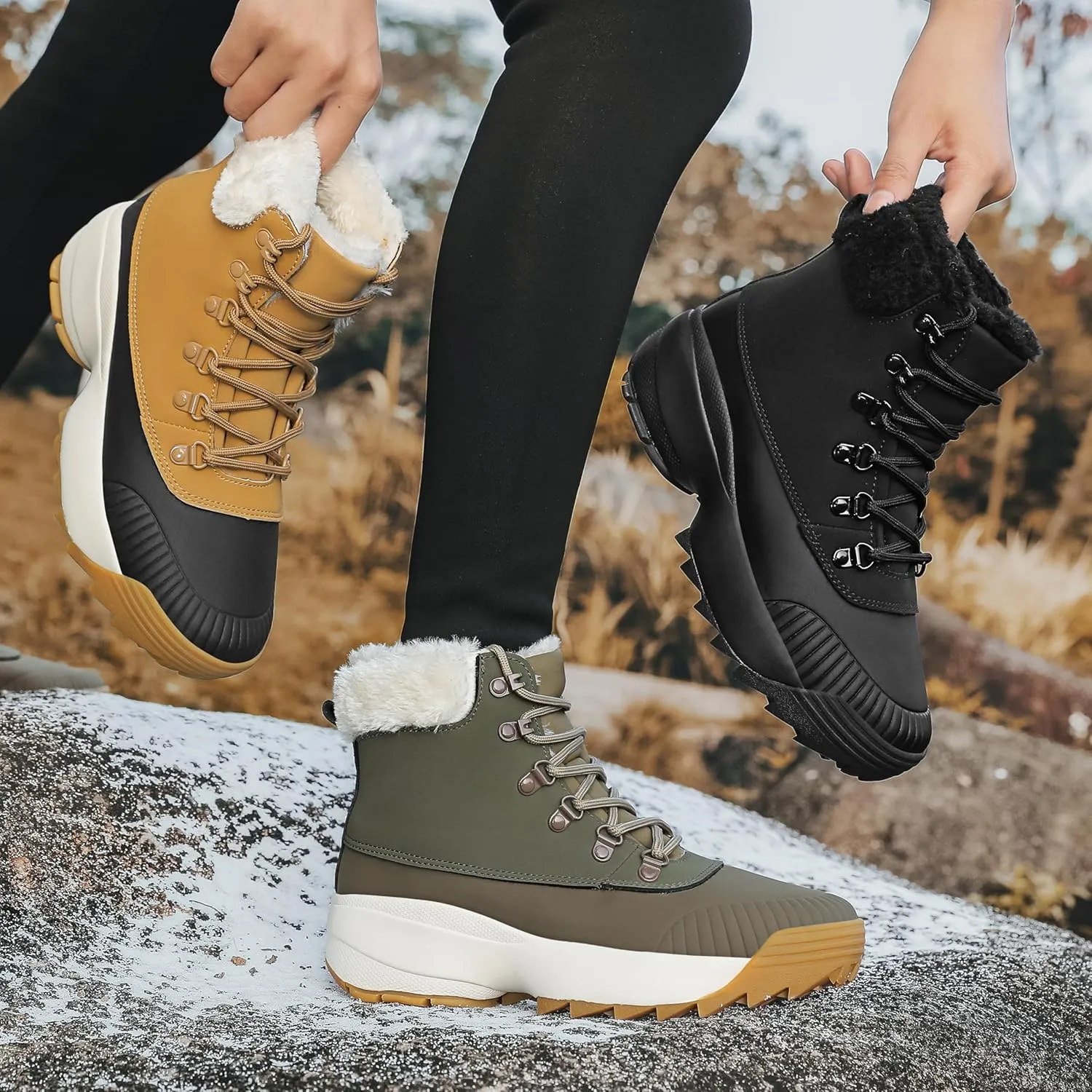 Waterproof Winter Snow Boots for Women丨Insulated-Warm Fur-Lined Booties丨Non-Slip Cushion Outdoor Walking Boots丨Lightweight Comfortable Casual Suede Leather Short Boots