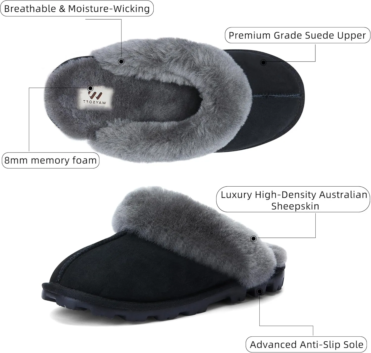 WaySoft Genuine Australian Sheepskin Women Slippers, 100% Shearling Hard Bottom Slippers for Women Indoor and Outdoor Warm Fuzzy Wool Slippers