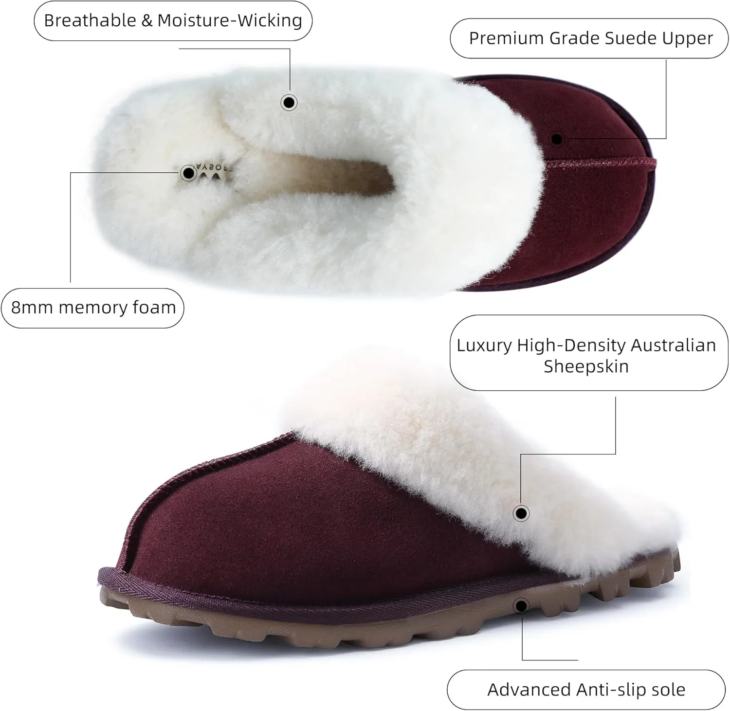 WaySoft Genuine Australian Sheepskin Women Slippers, 100% Shearling Hard Bottom Slippers for Women Indoor and Outdoor Warm Fuzzy Wool Slippers