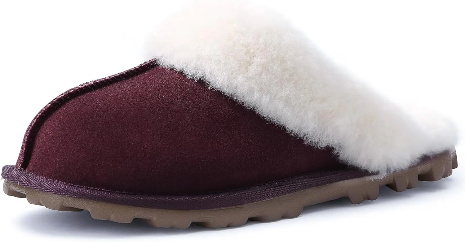 WaySoft Genuine Australian Sheepskin Women Slippers, 100% Shearling Hard Bottom Slippers for Women Indoor and Outdoor Warm Fuzzy Wool Slippers