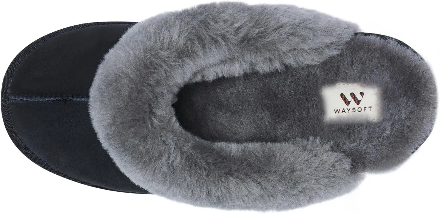 WaySoft Genuine Australian Sheepskin Women Slippers, 100% Shearling Hard Bottom Slippers for Women Indoor and Outdoor Warm Fuzzy Wool Slippers