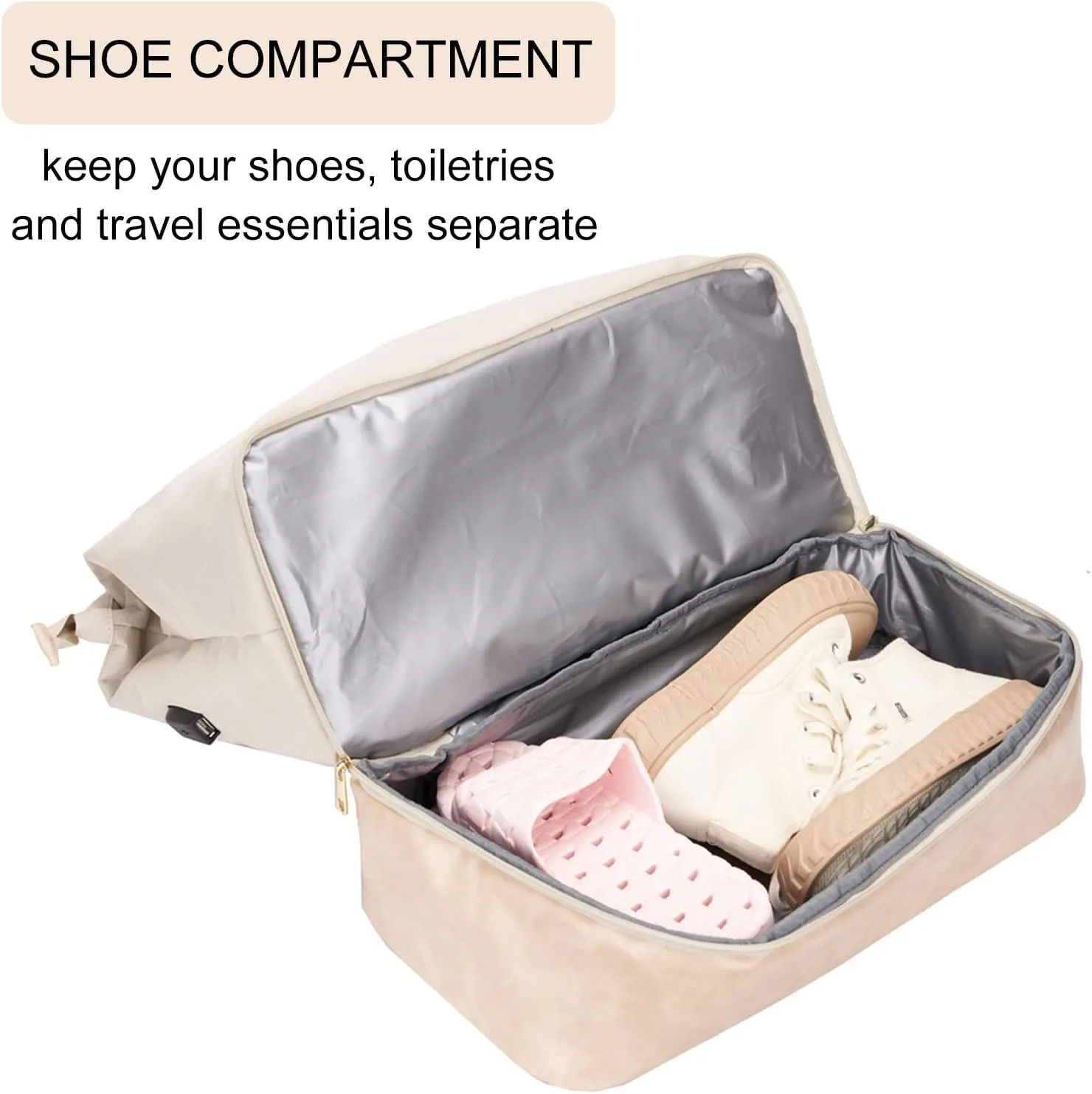 Weekender Bag with Shoe Compartment Travel Tote Overnight Personal Item for Airlines 17 Inch, Beige