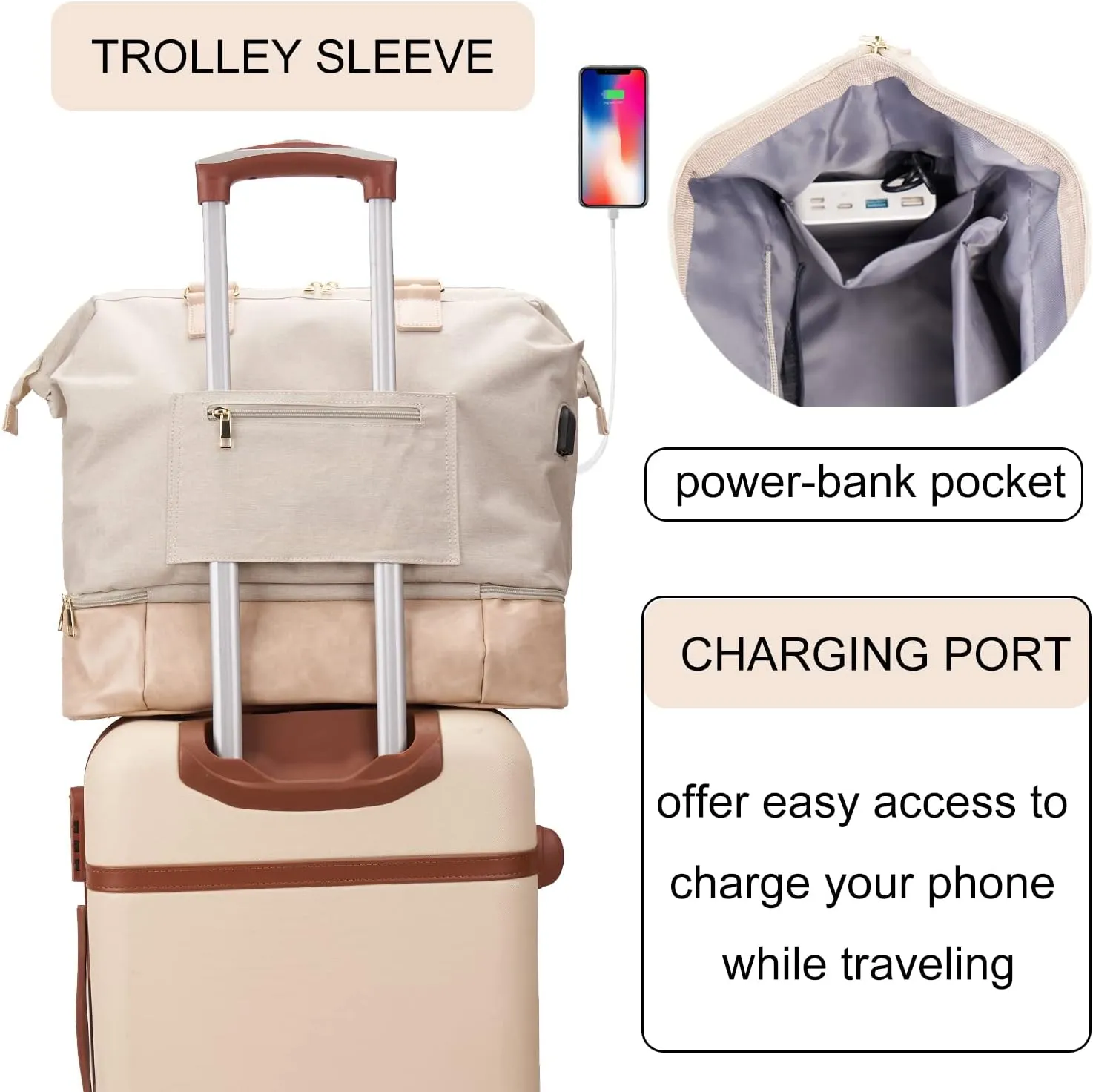 Weekender Bag with Shoe Compartment Travel Tote Overnight Personal Item for Airlines 17 Inch, Beige