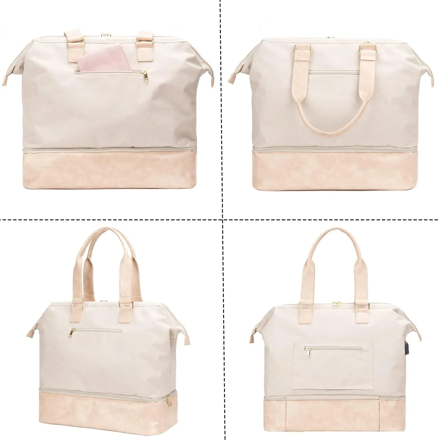 Weekender Bag with Shoe Compartment Travel Tote Overnight Personal Item for Airlines 17 Inch, Beige